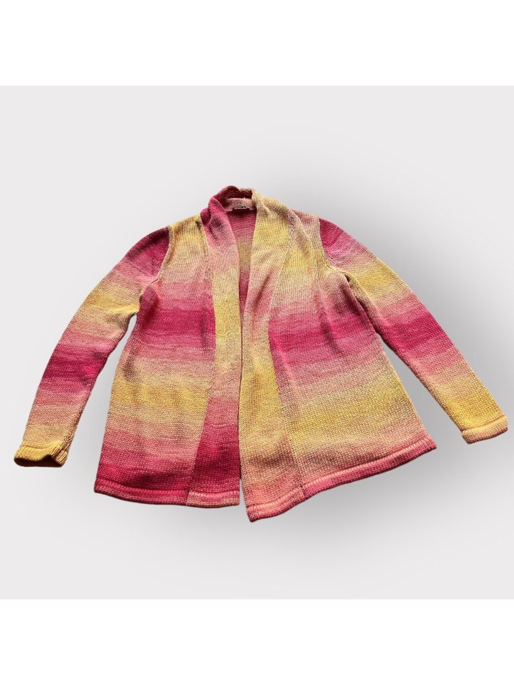 Lafayette 148 Size L Pink Orange Yellow Cotton Open Front Ombre Striped Sweater